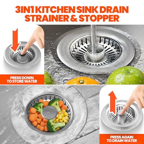 3 in 1 Kitchen Sink Drain Strainer and Stopper Brushed Silver (2 Count)