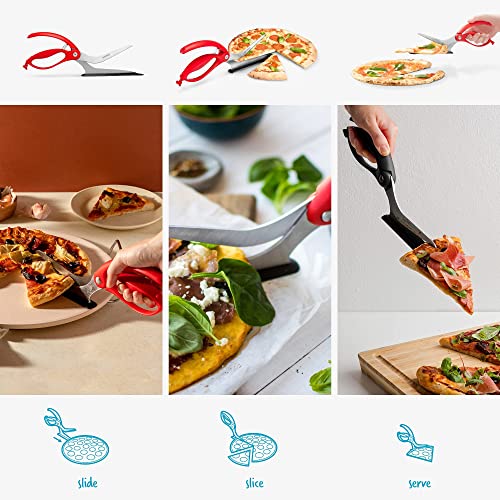 Scizza 2-In-1 Easy Ergonomic Pizza Scissors with Stainless Steel Pizza Cutter Blades & Non-Stick Slice Server - Red