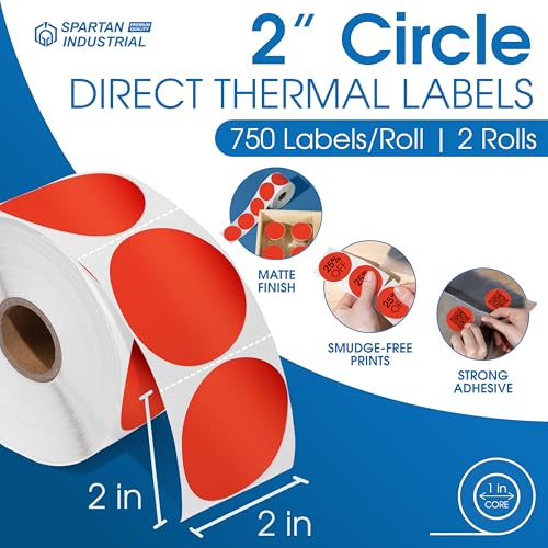 2" Circle Fluorescent Red Direct Thermal Labels (2 Count)
