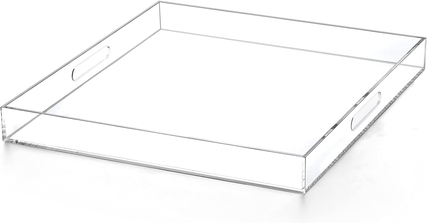 Clear extra large Ottoman Tray with Handles 18"x18"x2" Spill proof Acrylic Serving Tray Organizer Tray Decorative safe edge tray For Living Room Entryway Bedroom Kitchen Coffee Table coutertop