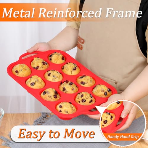 Silicone Muffin Pan with Metal Reinforced Frame Regular Size Muffin Pan with Handle Easy to Move 12 Cups for Baking Nonstick Muffin Tin BPA Free 1 Pack Red