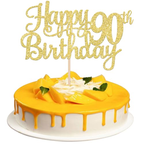 1 PCS Happy 90th Birthday Cake Topper Gold Glitter Cheers to 90 Years Birthday Cake Pick 90 Fabulous Cake Decoration for Happy 90th Birthday Theme Party Decorations Supplies