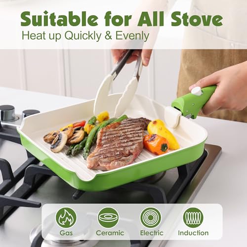 17 Piece Ceramic Detachable Handle Pots and Pans Set Green