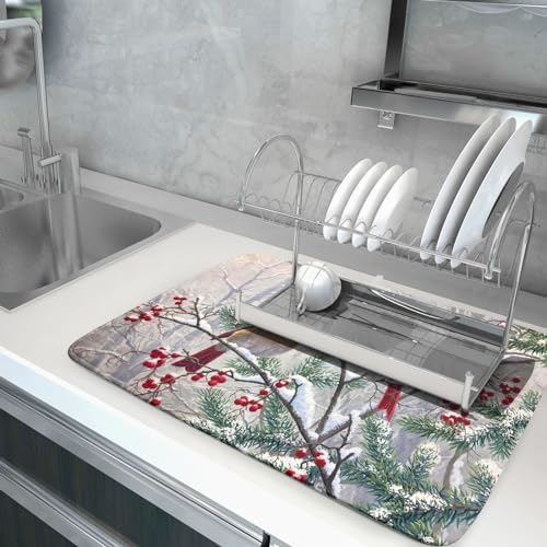 Red Bird Dish Drying Mat Merry Christmas Dishes Pad Absorbent Fast Dry Dish Drainer Mat Protector for Kitchen Counter 18 x 24 Inches