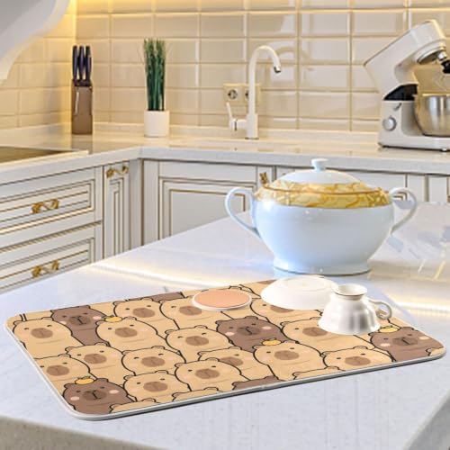 Cute Capybara Orange Dish Drying Mat for Kitchen Counter Absorbent Microfiber Drying Pad