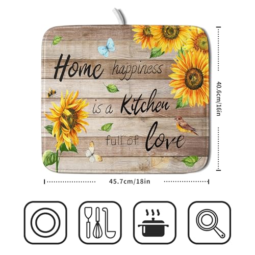 Sunflower Floral Dish Drying Mat for Kitchen Countertop 16x18 inch Rustic Wood Washable Microfiber Absorbent Dishes Drainer Rack Pad