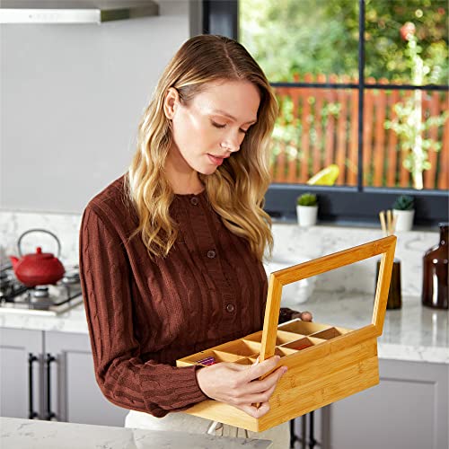 Big Natural Bamboo Tea Storage Organizer with Clear Acrylic Top Window