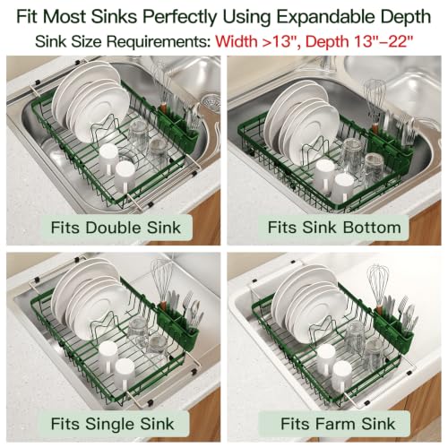 Green Expandable Dish Drying Rack Over The Sink with Anti Slip Grip