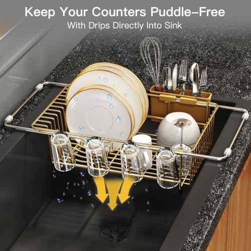 Gold Expandable Dish Drying Rack Over Sink with Anti