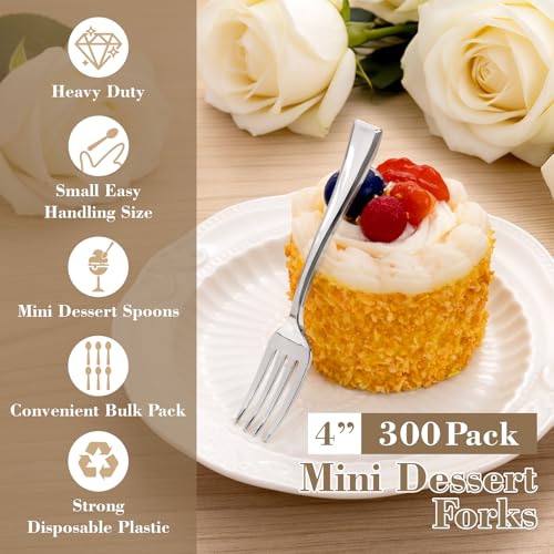 300 Pieces Silver Mini Forks 4 Inches Silver Appetizer forks Forks Plastic Tasting Forks Perfect for Weddings Small Appetizers and Desserts (300 Count)