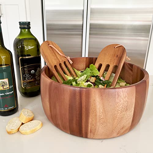 Woodard & Charles Acacia Wood 12" Salad Bowl with Salad Hands