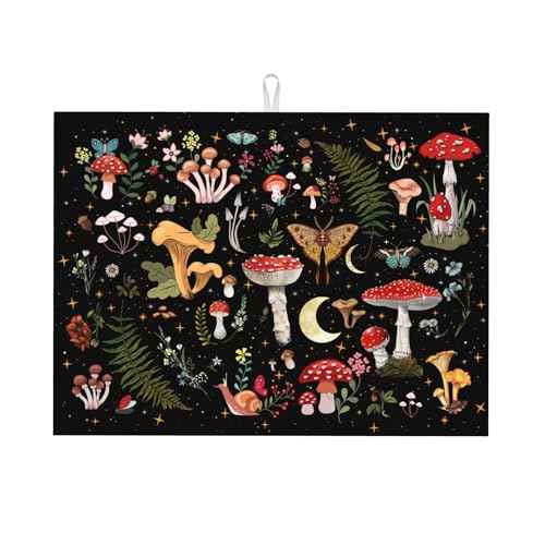 Mushroom Dish Drying Mat for Kitchen Counter 18"x24" Moth Gothic Witchy Dishes Pad Dish Drainer Rack Mats Microfiber Washable Absorbent Kitchen Decor
