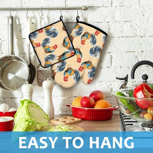 Watercolor Rooster Oven Mitts and Pot Holders Sets Heat Resistant 4Pcs Potholders Oven Gloves Hot Pads for Kitchen Baking Cooking Grilling BBQ (4 Count)