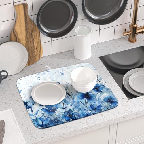 Blue Floral Dish Drying Mat for Kitchen Counter Watercolor Leaves Dishes Drainer Rack Mat Absorbent Microfiber Dish Draining Pad 16x18 Inch