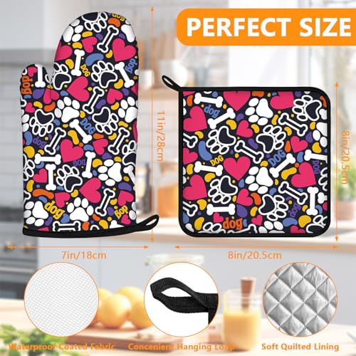 Paw Prints Oven Mitts and Bones Hearts Pot Holders Sets 4Pcs