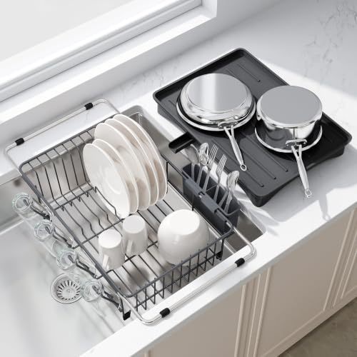 Gray Dish Drying Rack in Sink with Drainboard and Utensil Holder