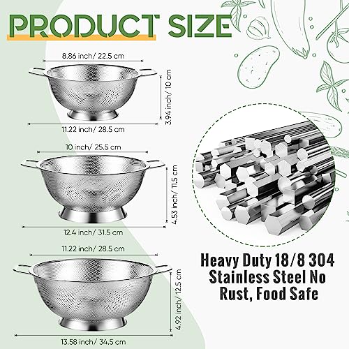 3 Pcs Stainless Steel Colander Set Metal Mesh Strainers