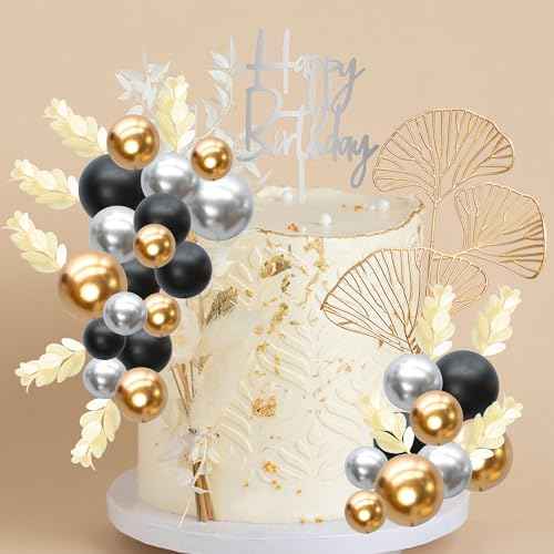 57Pcs Purple Balls Cake Topper Boho Grass Cake topper Pearl Balls Acrylic Happy Birthday Cake Decorations for Wedding Baby Shower Birthday Boho Themed Party Supplies Black Gold Silver (57 Count)