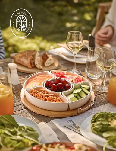 Ceramic Divided Serving Dishes with 360°Rotatable Bamboo Tray and Handles