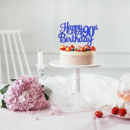 1 PCS Happy 90th Birthday Cake Topper Glitter Cheers to 90 Years Birthday Cake Pick Ninety 90 Fabulous Cake Decoration for Happy 90th Birthday Theme Party Decorations Supplies Blue