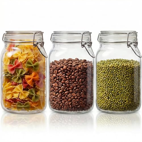 50oz Large Square Glass Jars with Airtight Lids (3 Count)