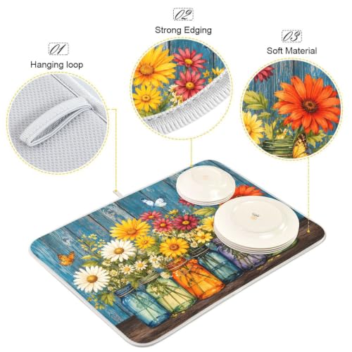 Daisy Flowers Vases Butterfly Dish Drying Mat for Kitchen Counter Absorbent Microfiber Drying Pad