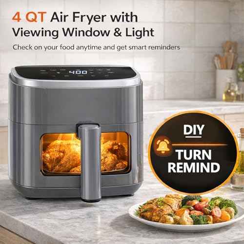 8-in-1 Air Fryer 4 Qt, Digital Preset Airfryer with Visible Window, Nonstick and Dishwasher-Safe Basket for Chips, Bake, Wings, 60-Min Timer, 1500W, Gray