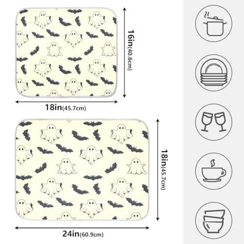 Halloween Spooky Ghost Bats Dish Drying Mat for Kitchen Counter Absorbent Microfiber Small Drying Pad Dish mats for Kitchen Countertops 16 x 18 Inch