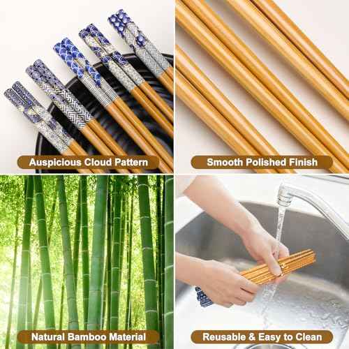 5 Pairs Bamboo Chopsticks Reusable Chopstick Exquisite Japanese Style Chop Sticks with Black Box for Sushi (5 Count)