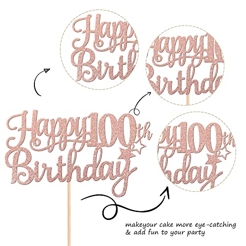 1 PCS Happy 100th Birthday Cake Topper Glitter Cheers to 100 Years Cake Pick Number 100 Fabulous Cake Decoration for 100th Birthday Theme Party Decorations Supplies Rose Gold