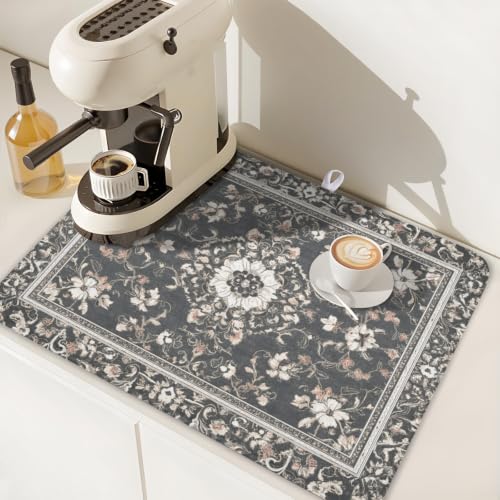 Boho Floral Dish Drying Mat Grey Leaves Dishes Drainer Pad 18x24 Inch Microfiber Absorbent Kitchen Dry Rack Mat for Counter Tableware Decor