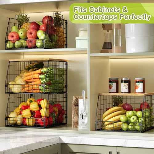 4 Pack Stackable Wire Baskets with Fixed Wooden Top (4 Count)