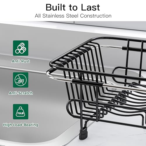 Black Dish Drying Rack in Sink with Utensil Holder