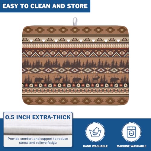 Rustic Bear Deer Dish Drying Mat Boho Ethnic Drainer Rack Pad 18x24 Inch Microfiber Absorbent Dish Sink Mat for Counter Kitchen Tableware