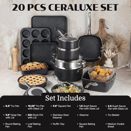 Ceraluxe 20Pc Pots and Pans Set Non Stick Ceramic Cookware Set