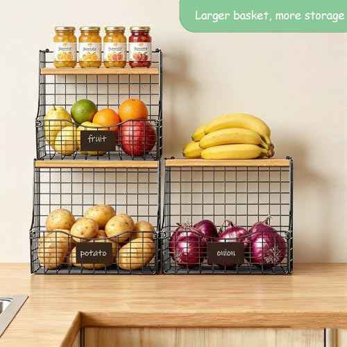 3 Pack wire Fruit Basket for Kitchen with Wood Lid (3 Count)