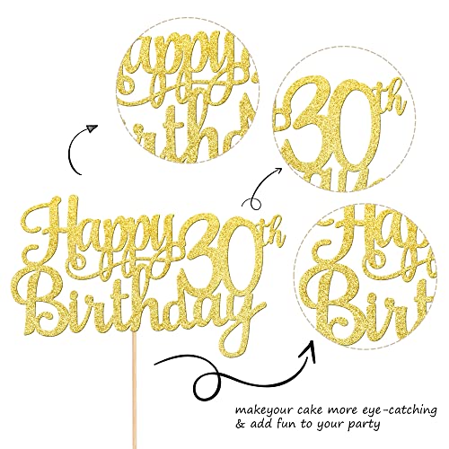 1 PCS Happy 30th Birthday Cake Topper Gold Glitter Cheers to 30 Years Birthday Cake Pick 30 Fabulous Cake Decoration for Happy 30th Birthday Anniversary Party Decorations Supplies