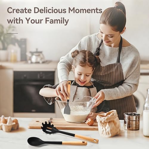 6 Pcs Silicone Kitchen Utensils Set Wood Handle BPA (6 Count)