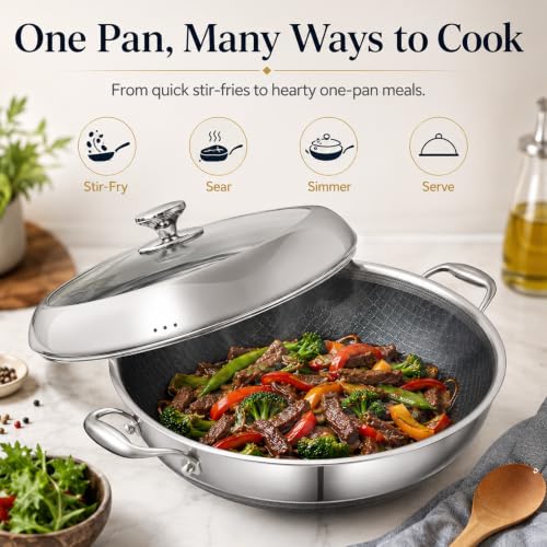 14 Inch Stainless Steel Nonstick Wok Pan with Lid 6Qt Pot