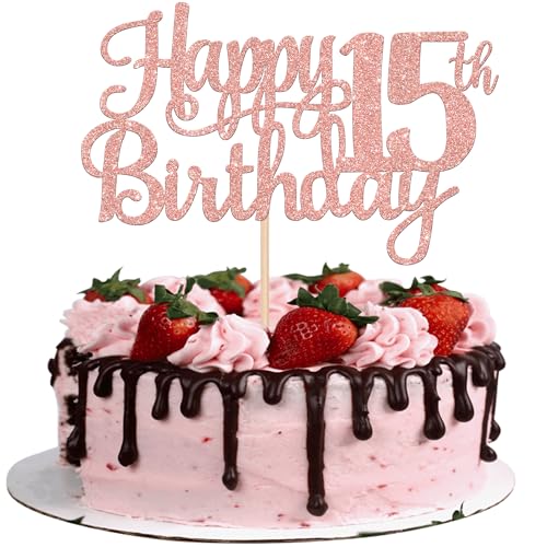 1 PCS Happy 15th Birthday Cake Topper Glitter Cheers to 15 Years Birthday Cake Pick Mis Quince 15 Fabulous Cake Decoration for Happy 15th Birthday Theme Party Decorations Supplies Rose Gold
