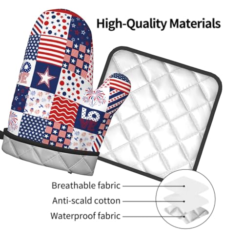 4th of July Patriotic Oven Mitts and Pot Holder Set of 2 Independence Day Heat Resistant Kitchen Gloves Hot Pads for Cooking Grilling BBQ