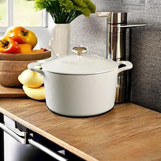 MARTHA STEWART Gatwick 7-Quart Enamel Cast Iron Dutch Oven – Linen White With Gold – Heavy-Duty Dutch Oven for Slow Cooking, Braising & Baking