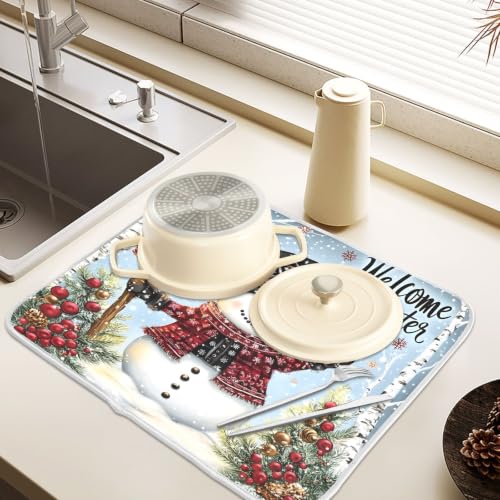 Winter Snowman Christmas Dish Drying Mat for Kitchen Counter Absorbent Microfiber Small Drying Pad Dish mats for Kitchen Countertops 16 x 18 Inch