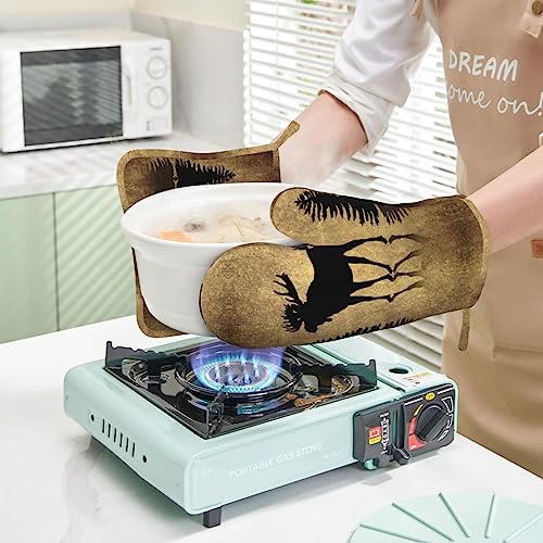 Rustic Elk Moose Deer Forest Pine Tree Moon Design Oven Mitts and Pot Holders Sets Silicone Moose Kitchen Mitts Potholders Heat Resistant 4Pcs Moose Oven Gloves Hot Pads for Kitchen (4 Count)
