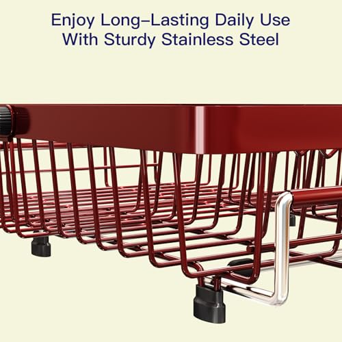Red Expandable Dish Drying Rack Over Sink with Extra Drying Mat