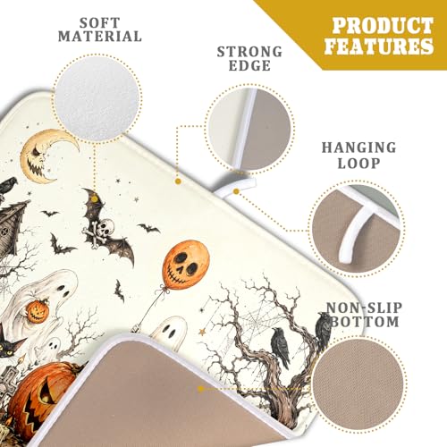 Halloween Pumpkin Ghost Dish Drying Mat Black Cat Microfiber Dishes Pad 16x18 Inch Holiday Dish Drainer Rack Mats for Kitchen Counter Sink