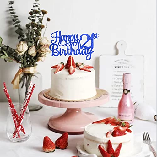 1 PCS Happy 21st Birthday Cake Topper Glitter Cheers to 21 Years Cake Pick 21 Fabulous Cake Decoration for 21st Birthday Theme Party Decorations Supplies Blue