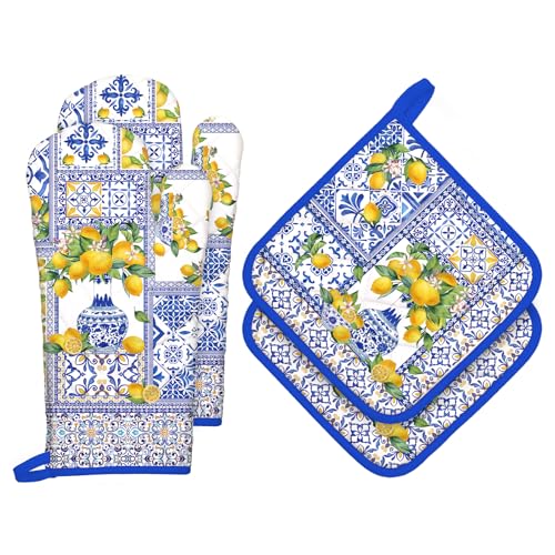 Yellow Lemon Oven Mitts and Pot Holders Set (4 Count)
