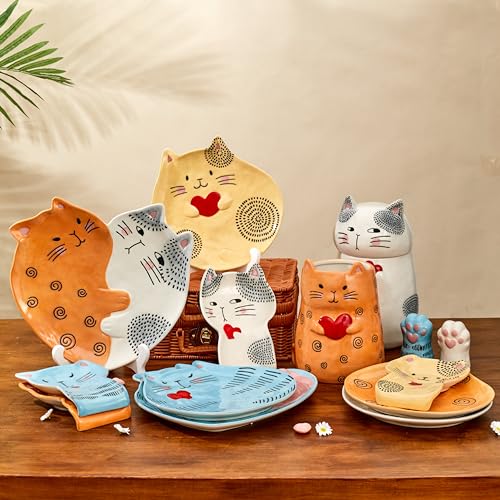 Cartoon Cat Handpainted Stoneware Orange 7.8 inch Utensil Holder