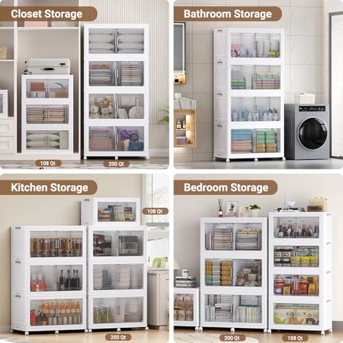 200Gal XL Stackable Storage Bins Foldable Box Cabinet for Home 4Pack White (4 Count)